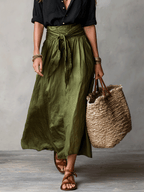 Boho Black Blouse and Olive Satin Midi Skirt Set for Casual Wear