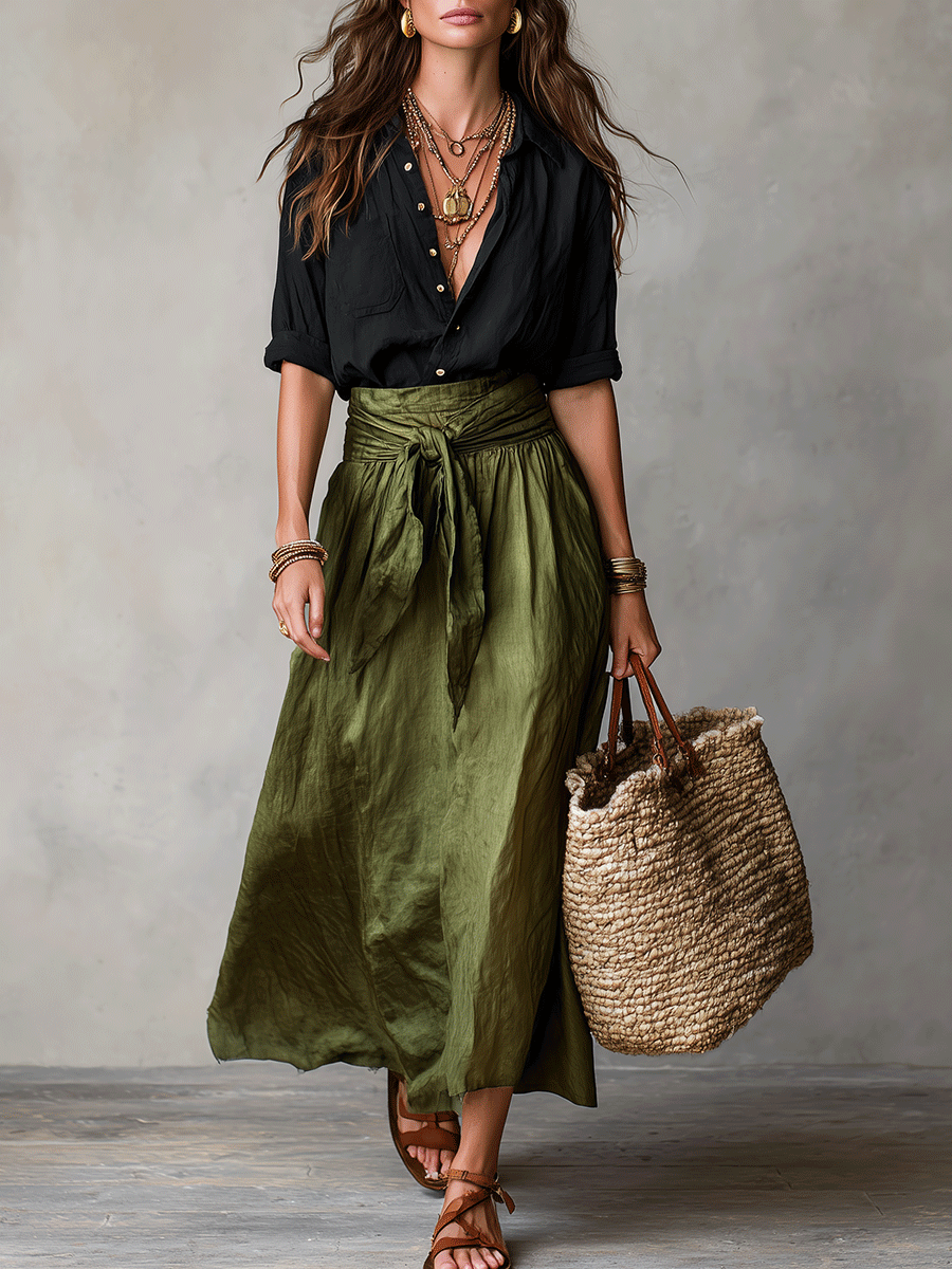 Boho Black Blouse and Olive Satin Midi Skirt Set for Casual Wear