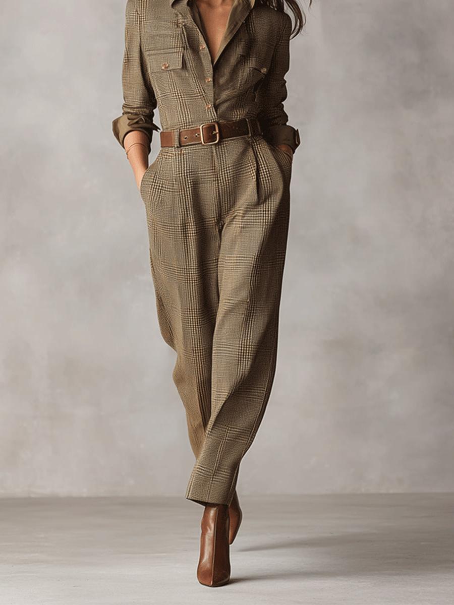 Brown Tweed Utility Jumpsuit - Sophisticated Plaid Design for Women