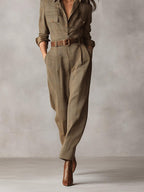 Brown Tweed Utility Jumpsuit - Sophisticated Plaid Design for Women