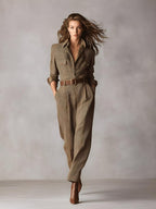 Brown Tweed Utility Jumpsuit - Sophisticated Plaid Design for Women