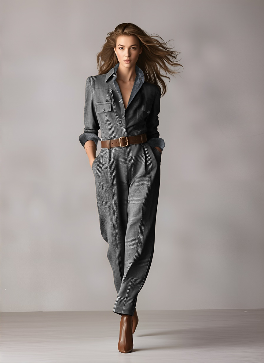 Brown Tweed Utility Jumpsuit - Sophisticated Plaid Design for Women