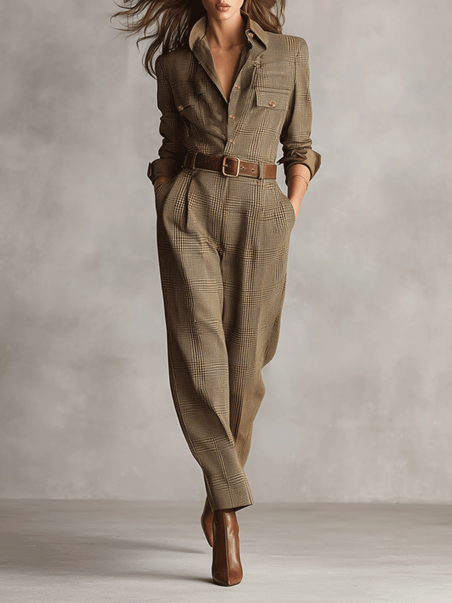 Brown Tweed Utility Jumpsuit - Sophisticated Plaid Design for Women