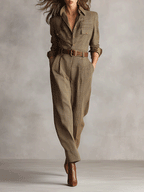 Brown Tweed Utility Jumpsuit - Sophisticated Plaid Design for Women