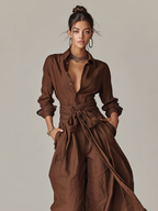 Brown Woven Cotton-Linen Long-Sleeved Jumpsuit with Belt for Women