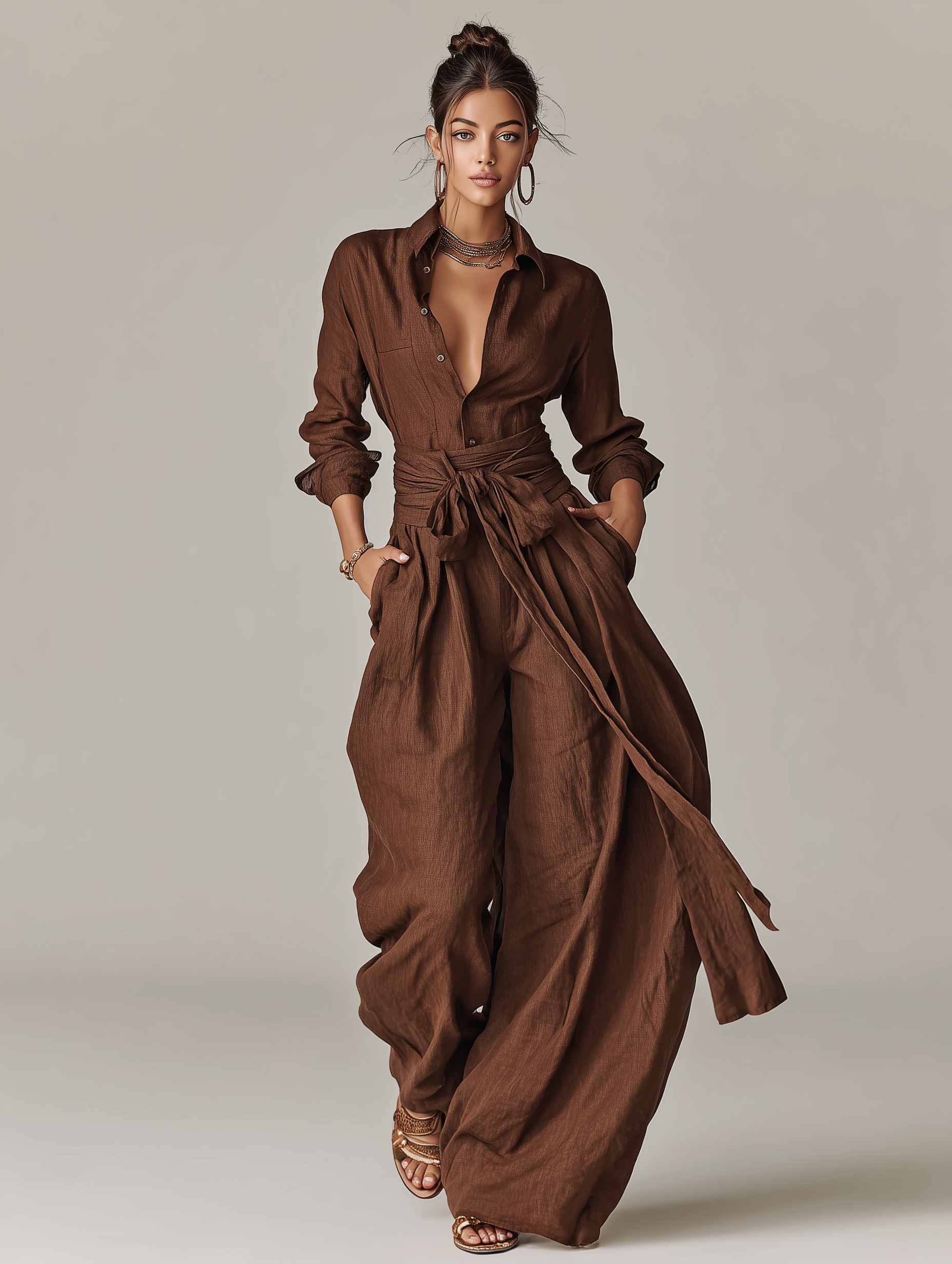 Brown Woven Cotton-Linen Long-Sleeved Jumpsuit with Belt for Women