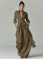 Brown Woven Cotton-Linen Long-Sleeved Jumpsuit with Belt for Women