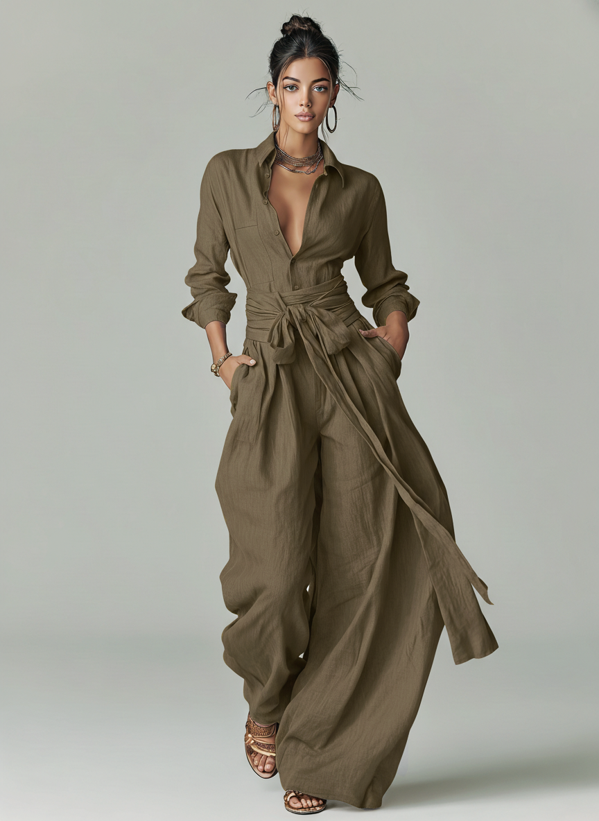 Brown Woven Cotton-Linen Long-Sleeved Jumpsuit with Belt for Women