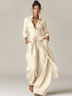 Brown Woven Cotton-Linen Long-Sleeved Jumpsuit with Belt for Women