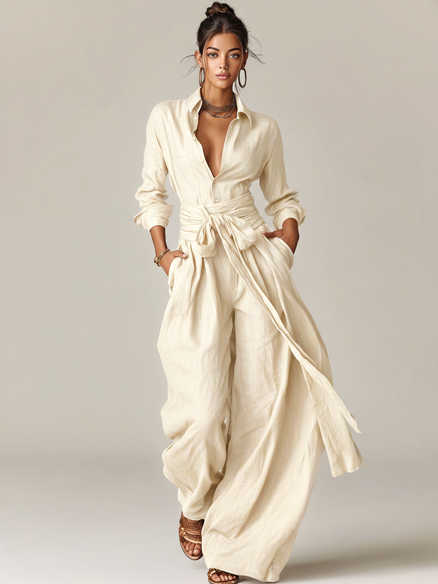 Brown Woven Cotton-Linen Long-Sleeved Jumpsuit with Belt for Women