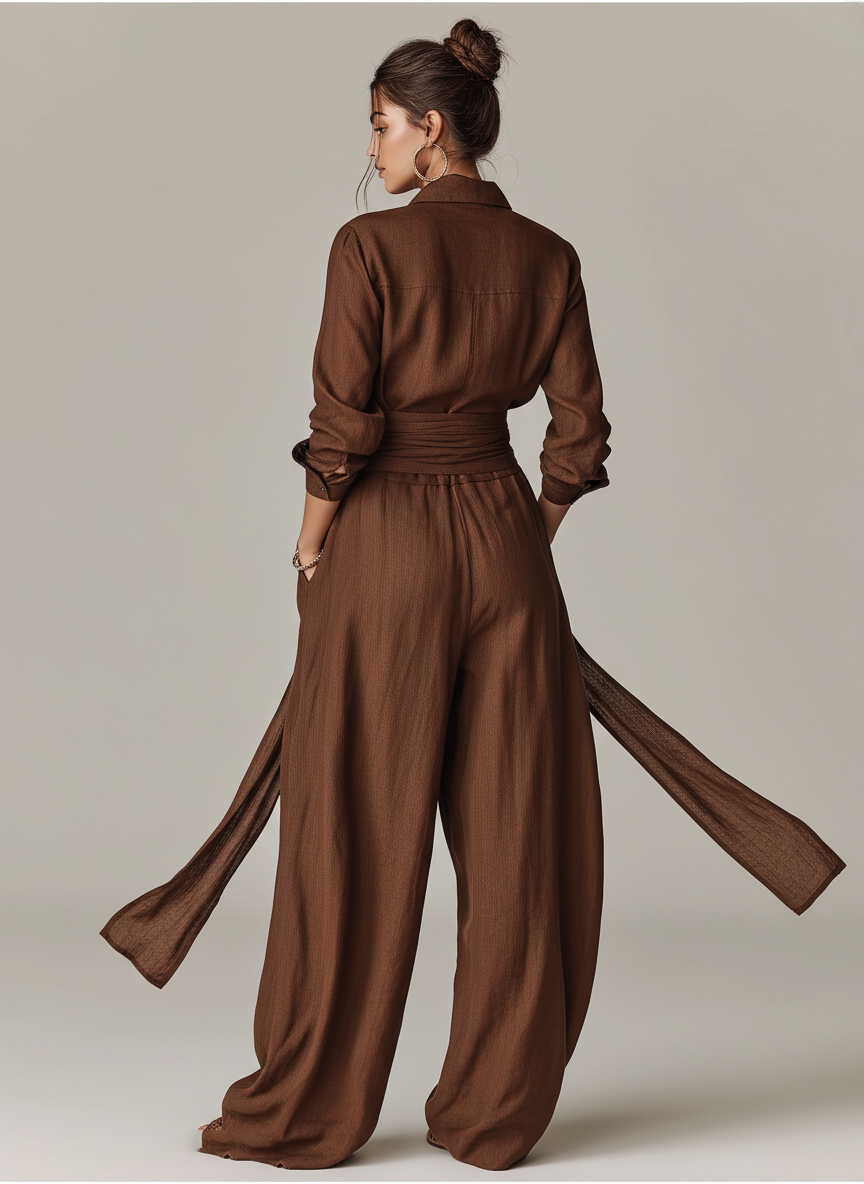 Brown Woven Cotton-Linen Long-Sleeved Jumpsuit with Belt for Women