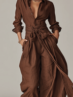Brown Woven Cotton-Linen Long-Sleeved Jumpsuit with Belt for Women