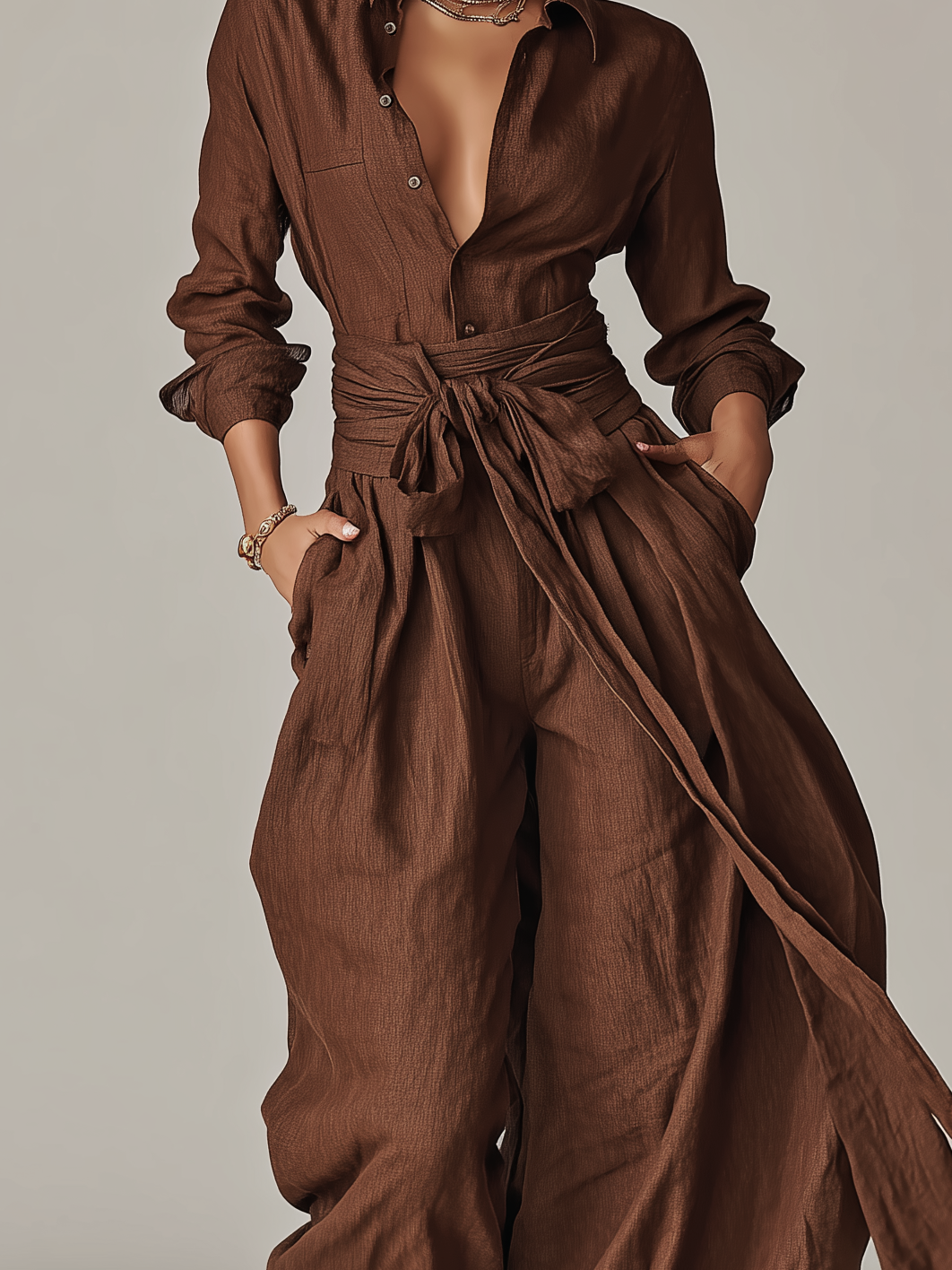 Brown Woven Cotton-Linen Long-Sleeved Jumpsuit with Belt for Women
