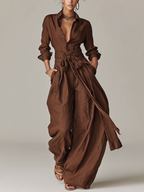 Brown Woven Cotton-Linen Long-Sleeved Jumpsuit with Belt for Women