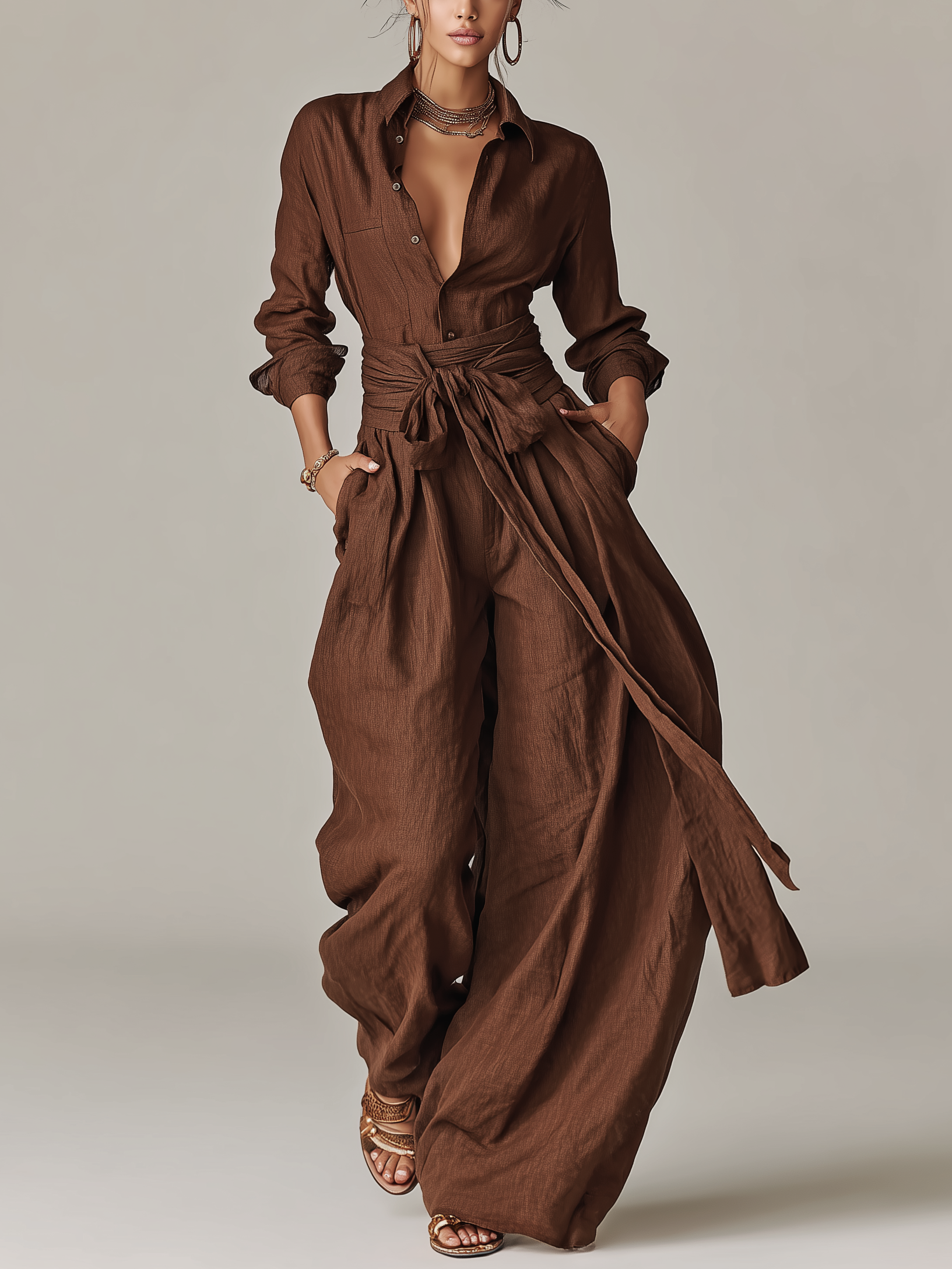 Brown Woven Cotton-Linen Long-Sleeved Jumpsuit with Belt for Women