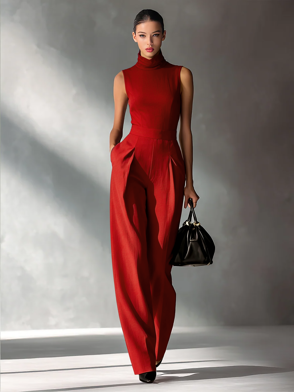 Burgundy Cotton-Linen Blend Sleeveless Turtleneck Jumpsuit Women UK – Smart Casual Holiday Wear, Wedding Guest