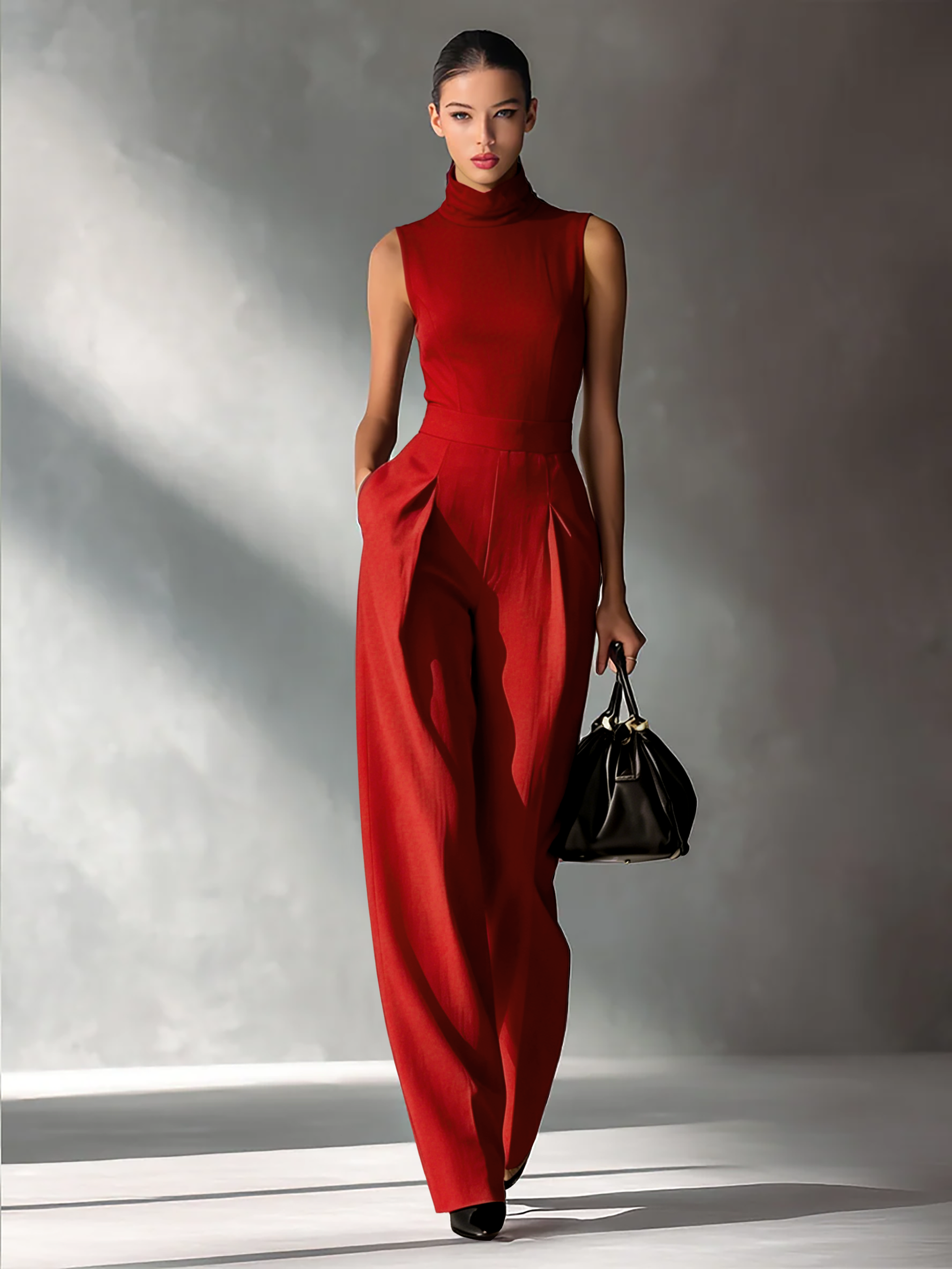 Burgundy Cotton-Linen Blend Sleeveless Turtleneck Jumpsuit Women UK – Smart Casual Holiday Wear, Wedding Guest