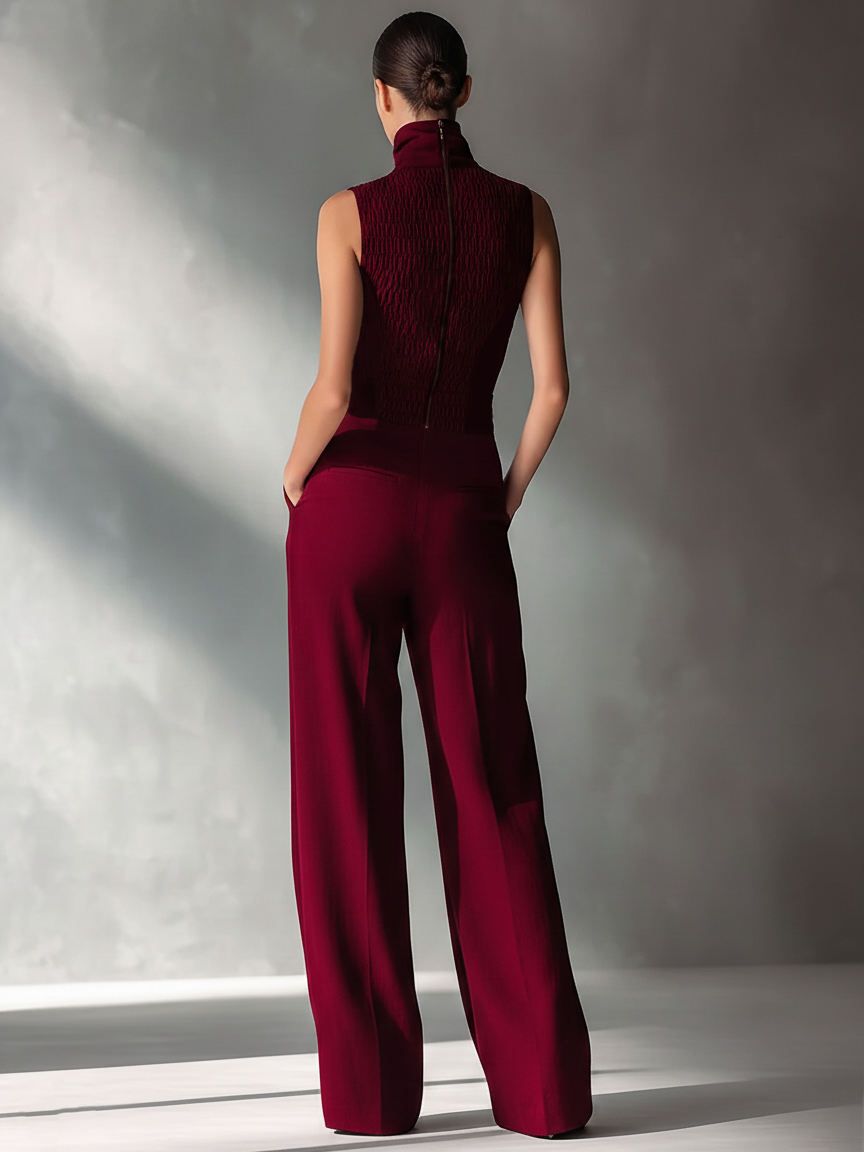 Burgundy Cotton-Linen Blend Sleeveless Turtleneck Jumpsuit Women UK – Smart Casual Holiday Wear, Wedding Guest