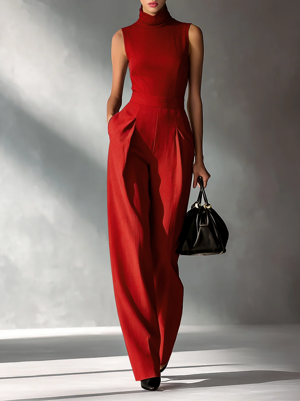Burgundy Cotton-Linen Blend Sleeveless Turtleneck Jumpsuit Women UK – Smart Casual Holiday Wear, Wedding Guest