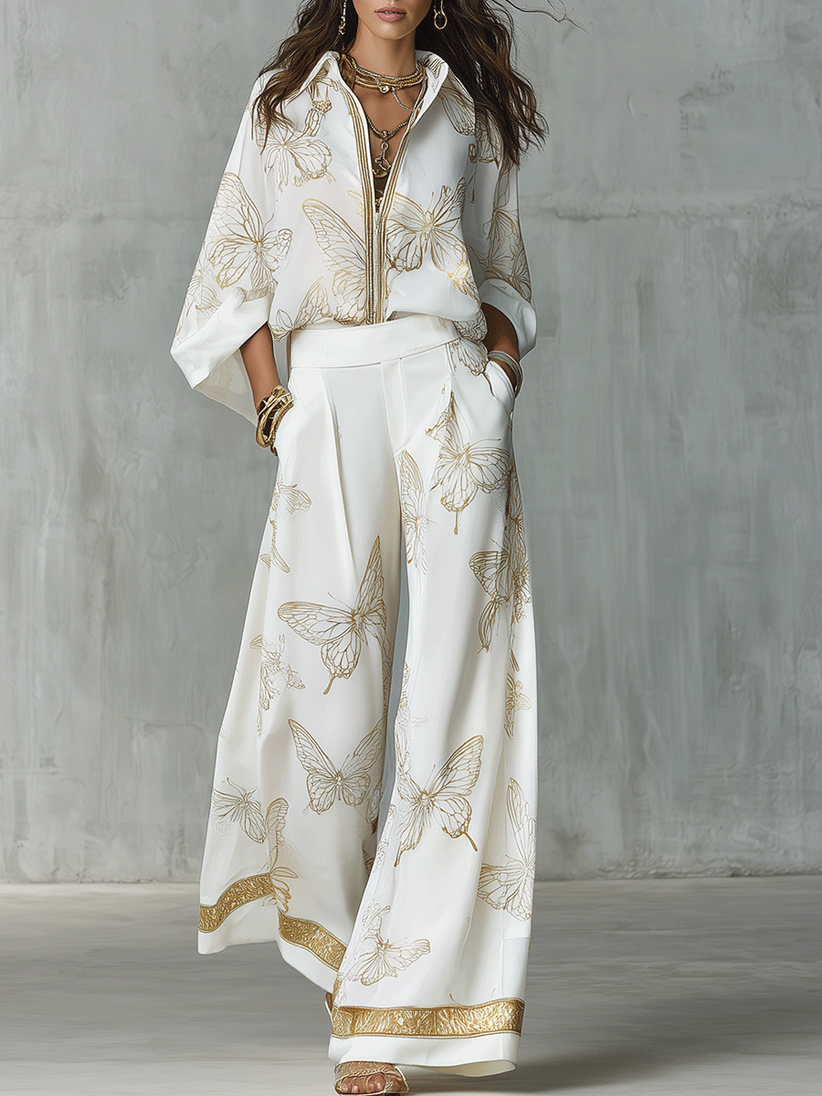 Butterfly Jacquard Blouse and Wide-Leg Pants Set for Bohemian Style Outfits