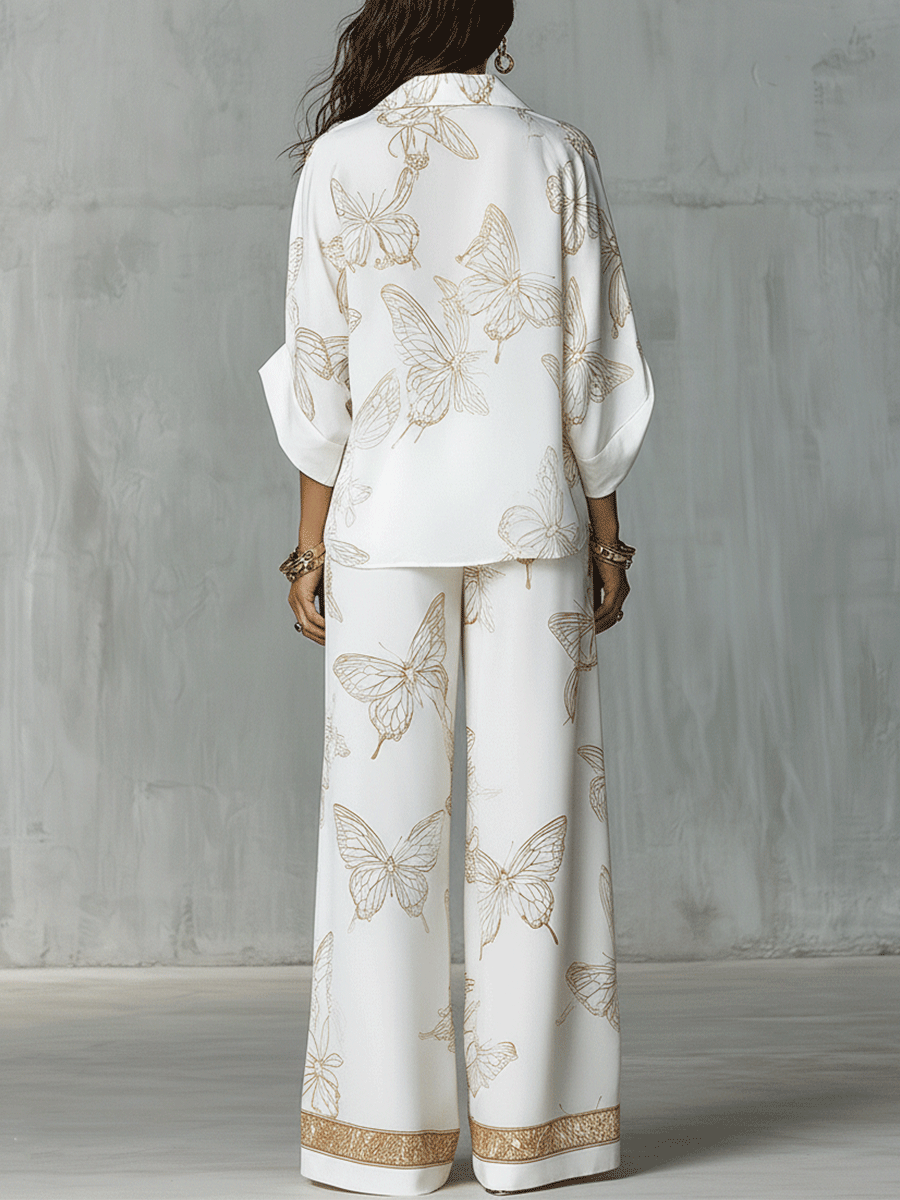 Butterfly Jacquard Blouse and Wide-Leg Pants Set for Bohemian Style Outfits