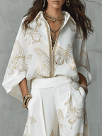 Butterfly Jacquard Blouse and Wide-Leg Pants Set for Bohemian Style Outfits