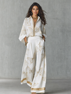 Butterfly Jacquard Blouse and Wide-Leg Pants Set for Bohemian Style Outfits