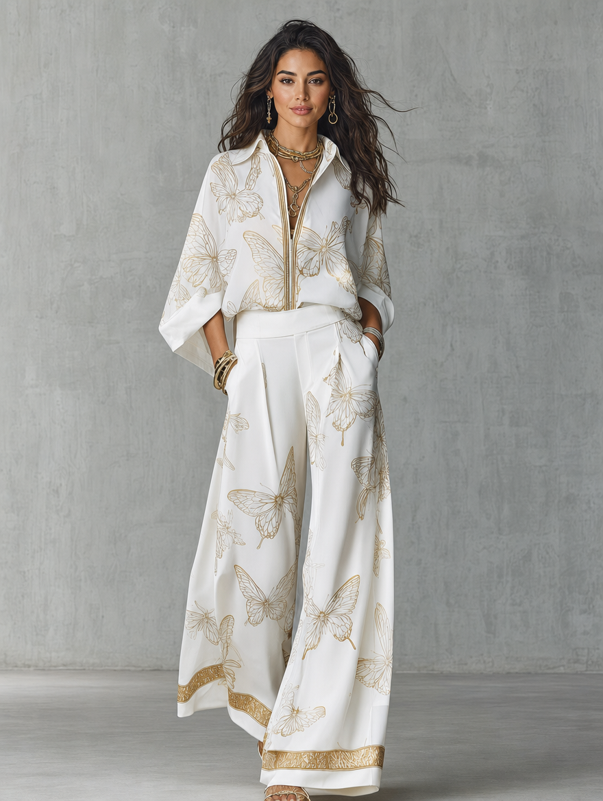 Butterfly Jacquard Blouse and Wide-Leg Pants Set for Bohemian Style Outfits