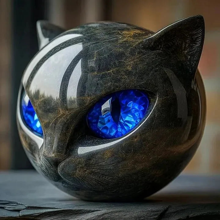 Cat Head Sculpture – Black Color, Hypnotic Eyes – Home Decor, Gift