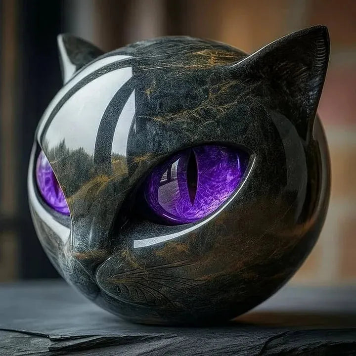 Cat Head Sculpture – Black Color, Hypnotic Eyes – Home Decor, Gift