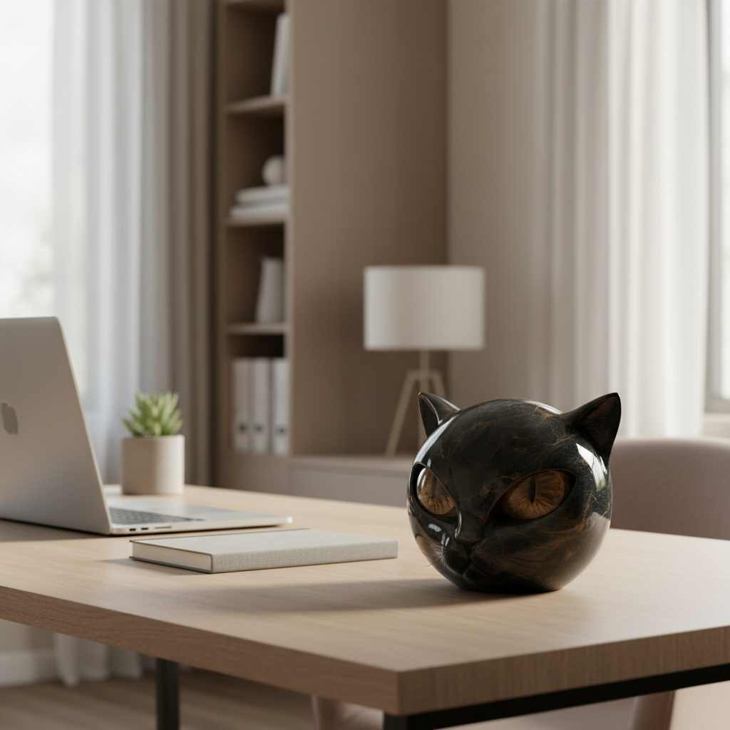 Cat Head Sculpture – Black Color, Hypnotic Eyes – Home Decor, Gift