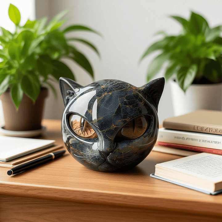 Cat Head Sculpture – Black Color, Hypnotic Eyes – Home Decor, Gift