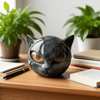 Cat Head Sculpture – Black Color, Hypnotic Eyes – Home Decor, Gift