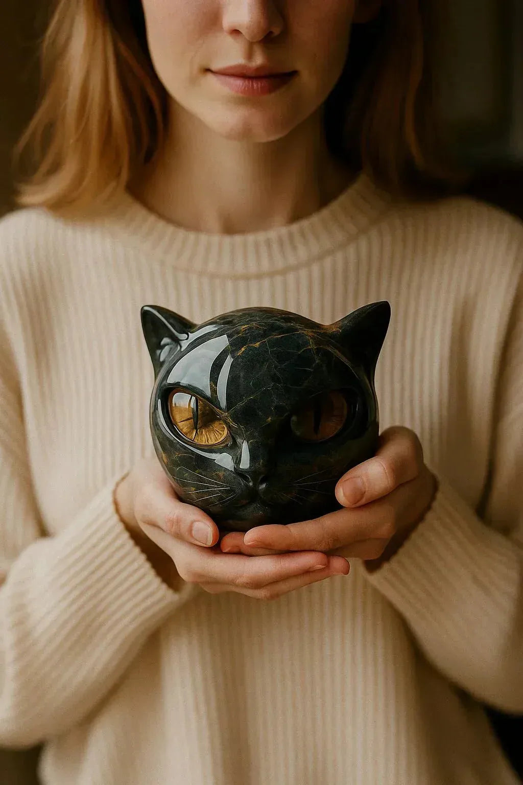Cat Head Sculpture – Black Color, Hypnotic Eyes – Home Decor, Gift