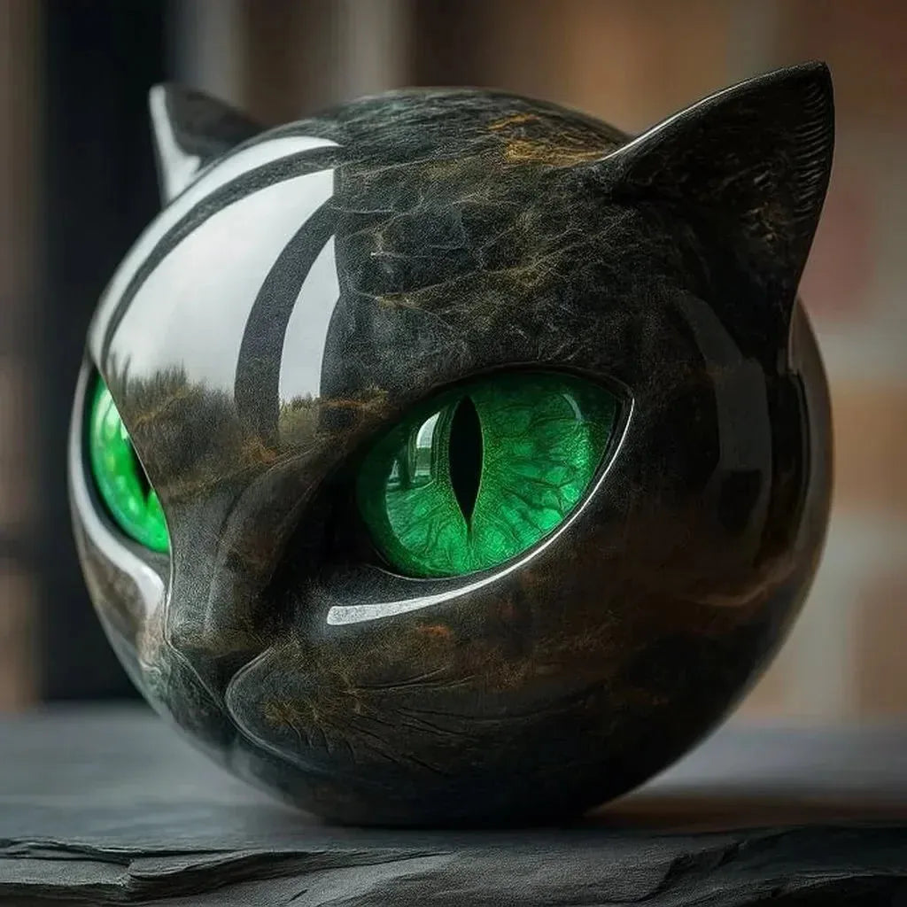 Cat Head Sculpture – Black Color, Hypnotic Eyes – Home Decor, Gift