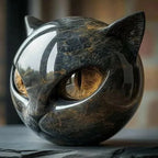 Cat Head Sculpture – Black Color, Hypnotic Eyes – Home Decor, Gift
