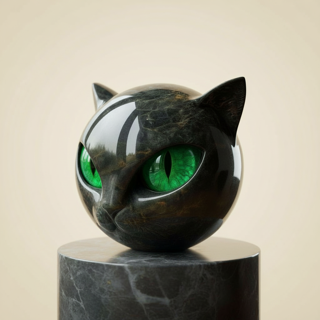Cat Head Sculpture – Black Color, Hypnotic Eyes – Home Decor, Gift