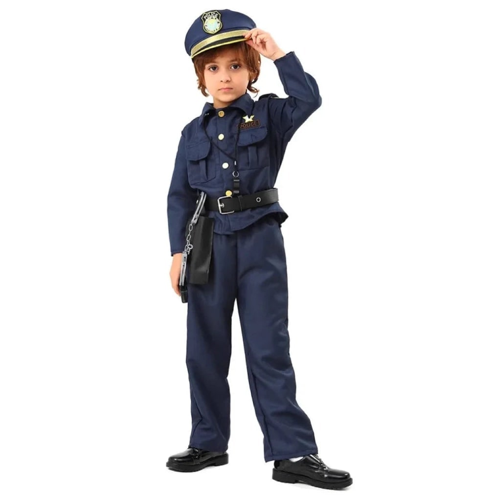 Children's Police Officer Costume for Halloween with Hat, Accessories, and Toy Handcuffs