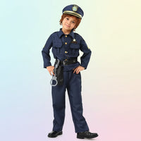 Children's Police Officer Costume for Halloween with Hat, Accessories, and Toy Handcuffs