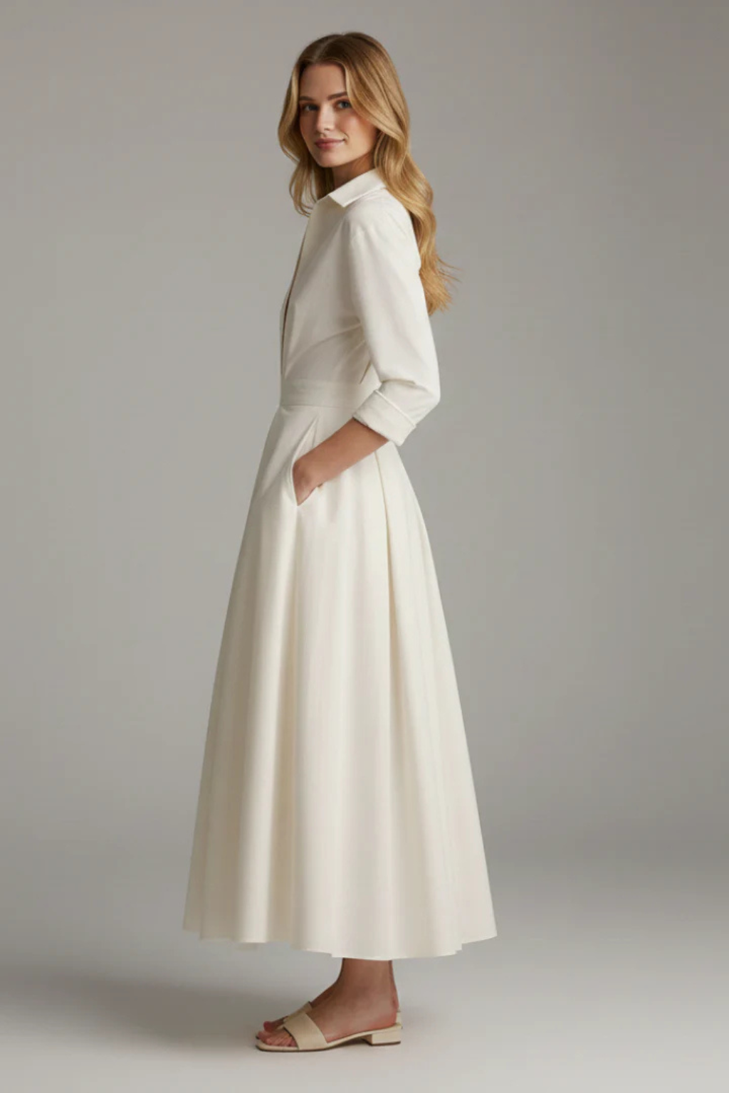 Collared Button Front Midi Dress for Women | Fitted Waist, Casual Style