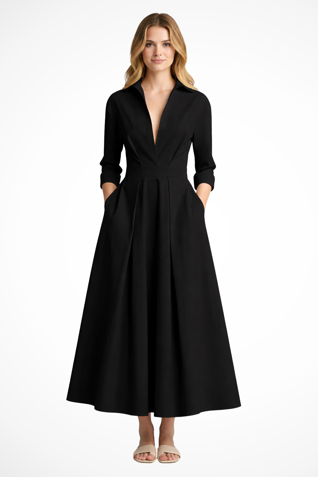 Collared Button Front Midi Dress for Women | Fitted Waist, Casual Style