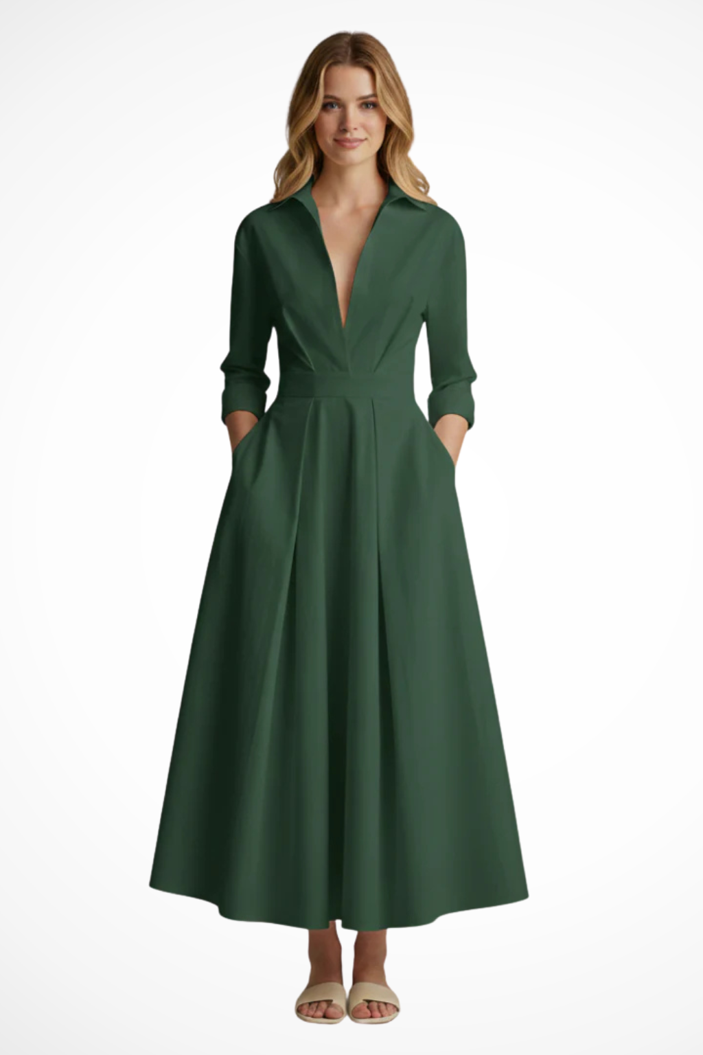 Collared Button Front Midi Dress for Women | Fitted Waist, Casual Style