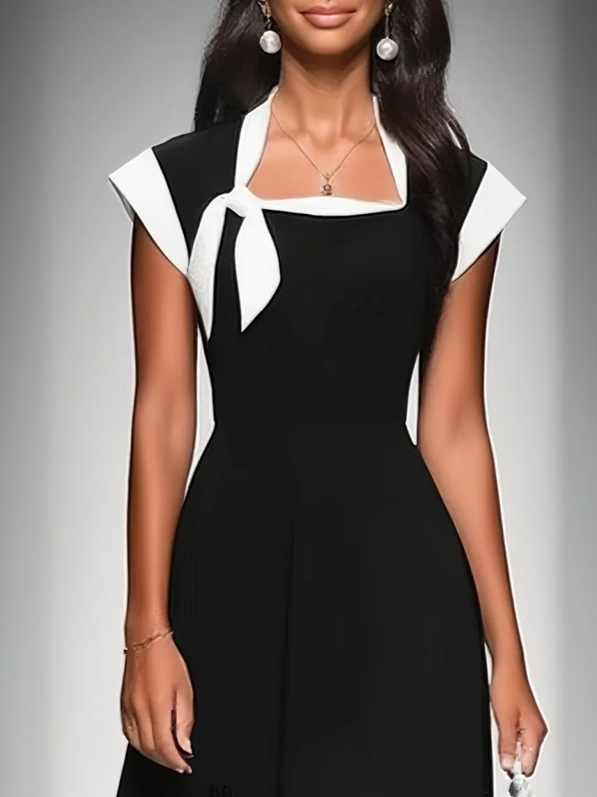 Colorblock Midi Dress for Women - Square Neck, Cap Sleeves, Waist Detail