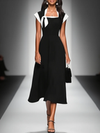 Colorblock Midi Dress for Women - Square Neck, Cap Sleeves, Waist Detail
