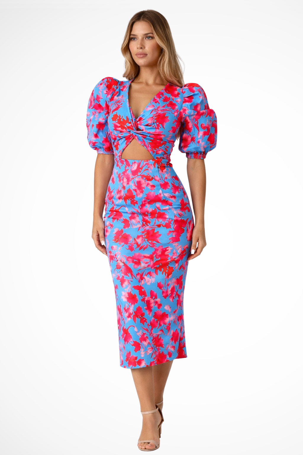 Turquoise Blue Puff Sleeve Midi Dress for Women UK – Wedding Guest Cocktail Dress & Formal Attire