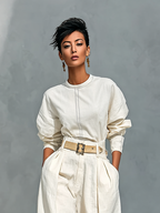 Cotton Linen Blend Women's Long Sleeve Crew Neck Shirt and Loose Trousers Set