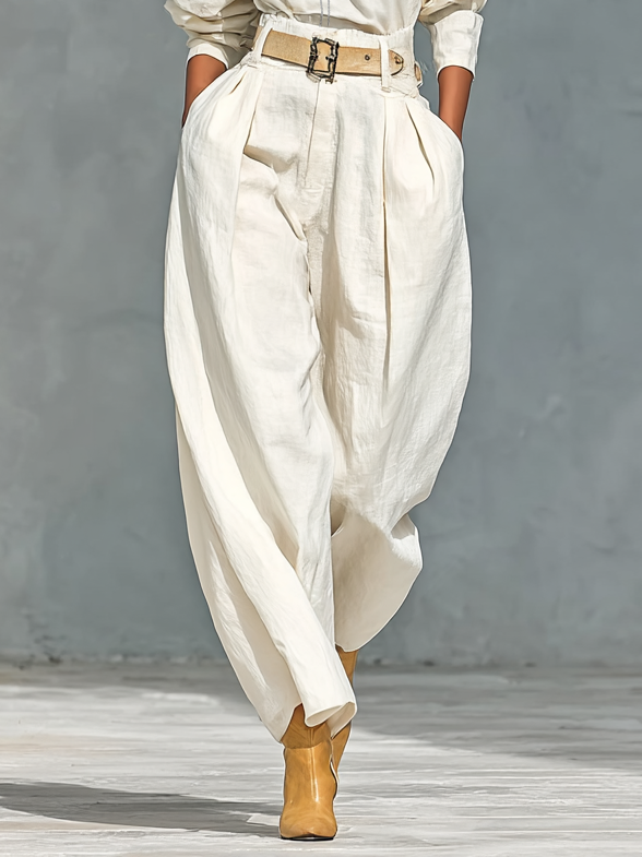 Cotton Linen Blend Women's Long Sleeve Crew Neck Shirt and Loose Trousers Set