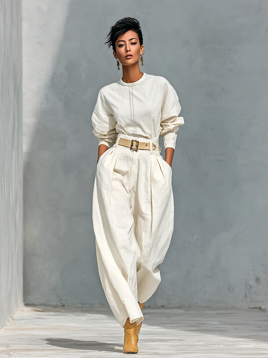 Cotton Linen Blend Women's Long Sleeve Crew Neck Shirt and Loose Trousers Set