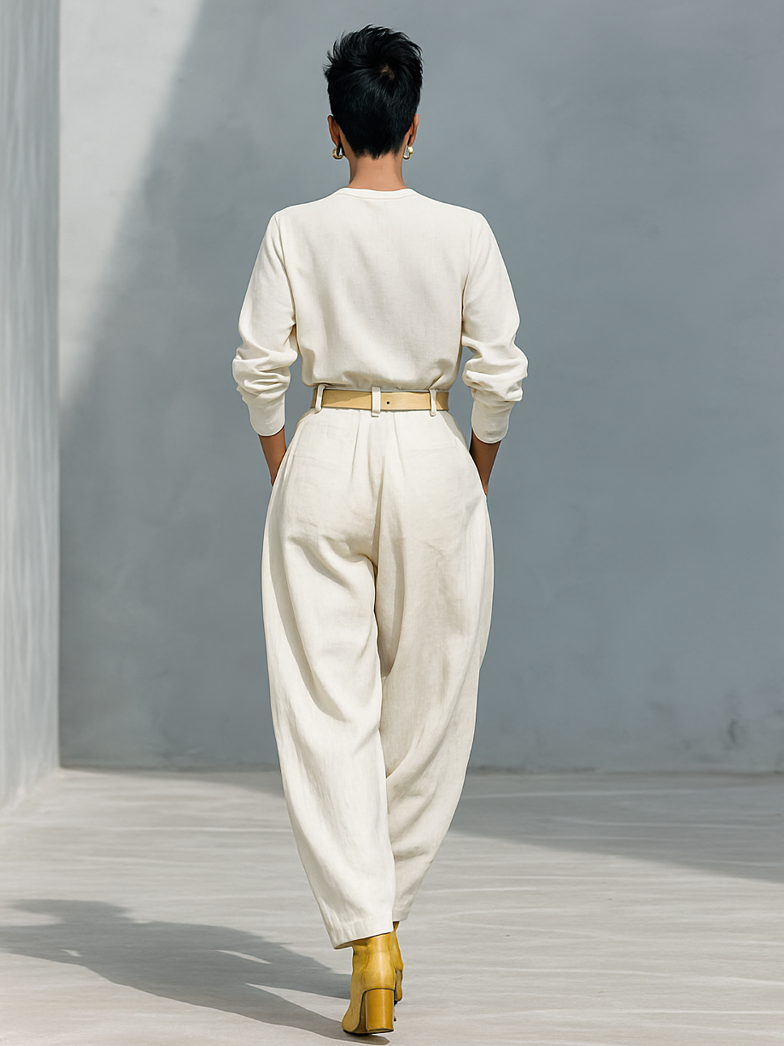 Cotton Linen Blend Women's Long Sleeve Crew Neck Shirt and Loose Trousers Set