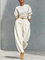 Cotton Linen Blend Women's Long Sleeve Crew Neck Shirt and Loose Trousers Set